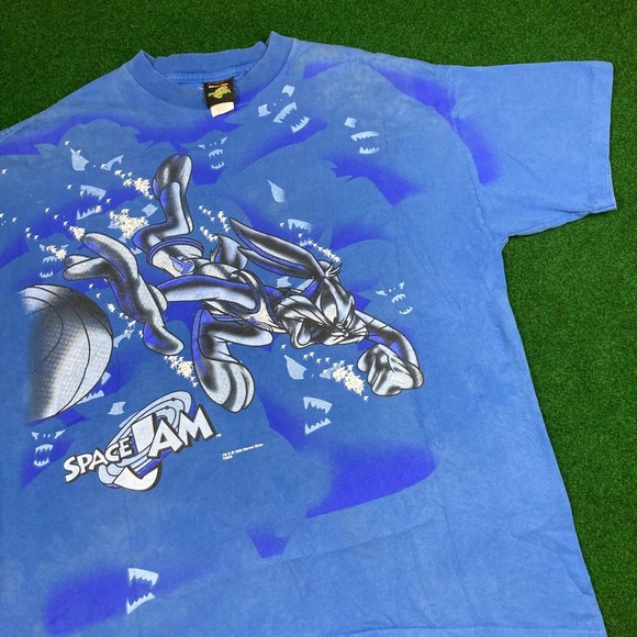 Warner Bros. Other - Vintage Looney Tunes Space Jam Shirt Mens XL Blue 1996 AOP Bugs Bunny 90s USA